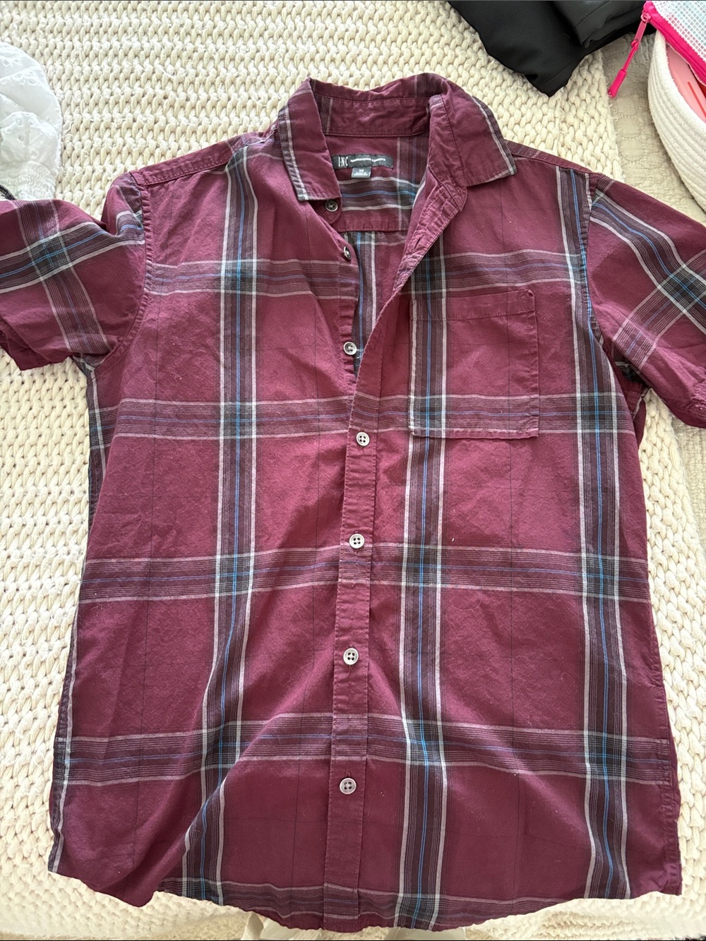 INC International Concepts Men's Burgundy Plaid Short-Sleeve Button-Down Shirt